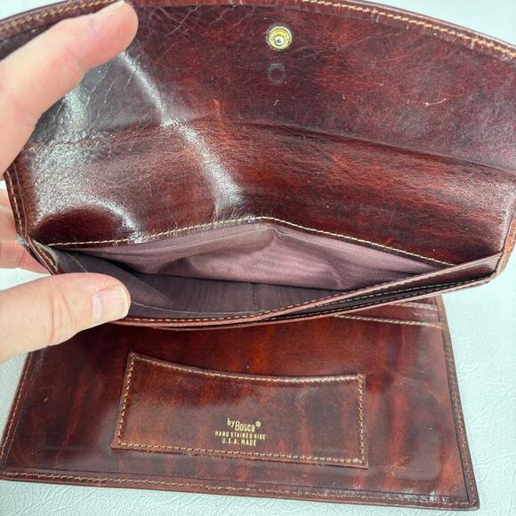 Bosca Leather Slim Bifold Wallet Mahogany Snap Close Hand Stained Hide Vintage - Picture 3 of 9